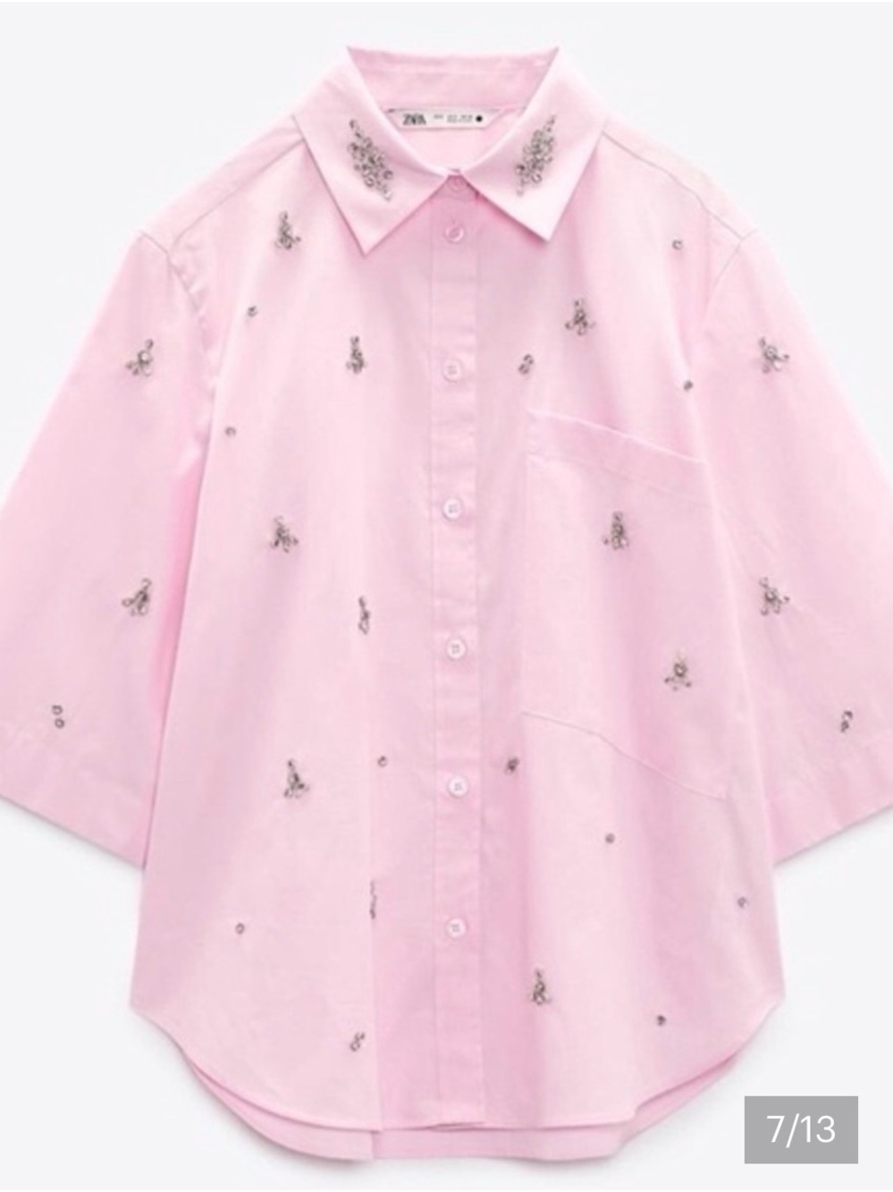 Zara Pink Cotton Button-Up Blouse | Rhinestones | 3/4 Sleeves | S | NWT - Picture 2 of 13